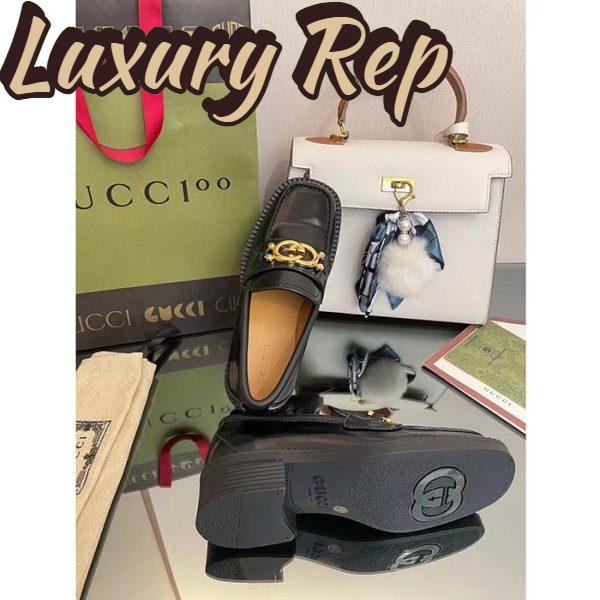 Replica Gucci Unisex GG Loafer Interlocking G Shiny Black Leather Studs Rubber Low Heel 10