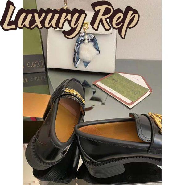 Replica Gucci Unisex GG Loafer Interlocking G Shiny Black Leather Studs Rubber Low Heel 11