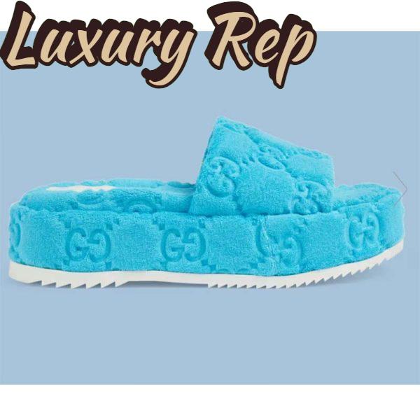 Replica Gucci Unisex GG Platform Sandals Blue GG Cotton Sponge Rubber Sole 3 Cm Heel