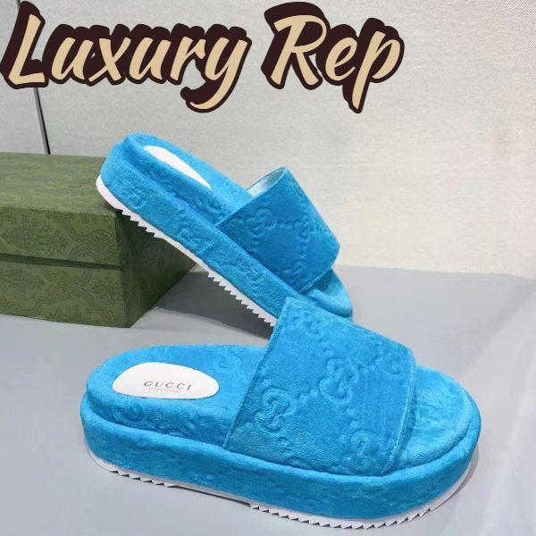 Replica Gucci Unisex GG Platform Sandals Blue GG Cotton Sponge Rubber Sole 3 Cm Heel 4