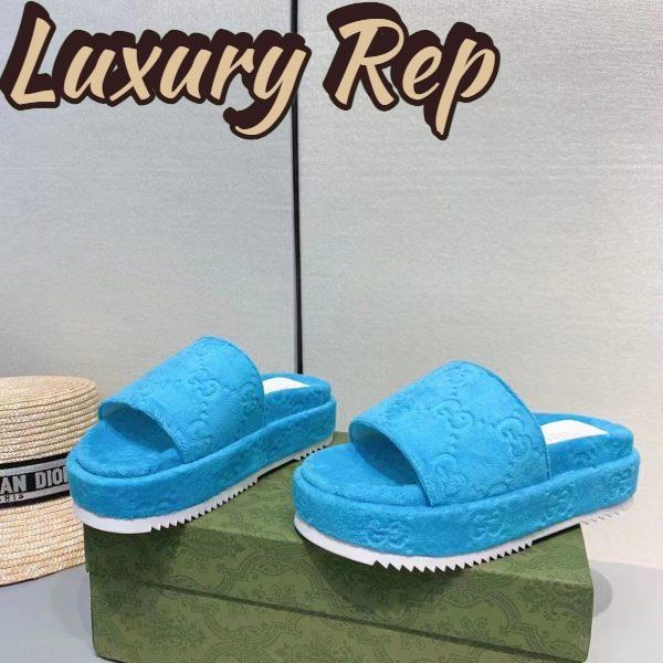 Replica Gucci Unisex GG Platform Sandals Blue GG Cotton Sponge Rubber Sole 3 Cm Heel 6
