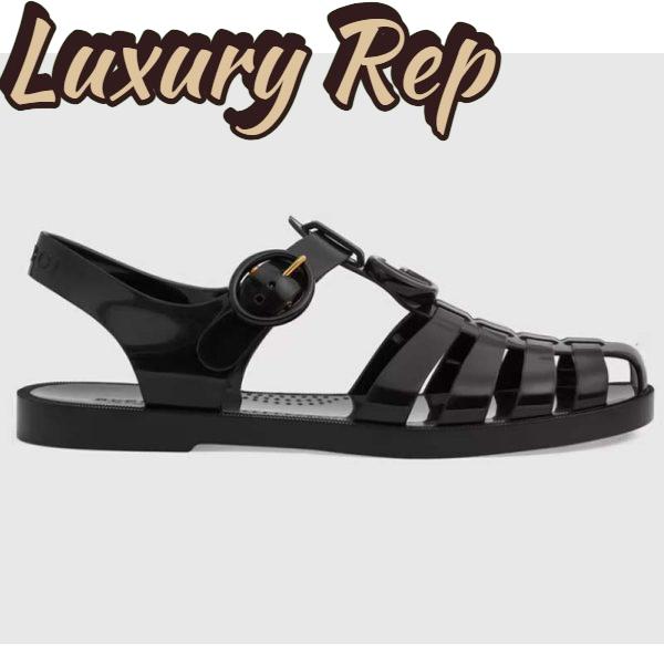 Replica Gucci Unisex GG Sandal Double G Black Rubber Sole Ankle Buckle Flat