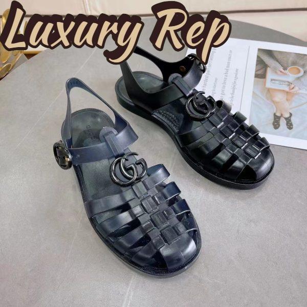 Replica Gucci Unisex GG Sandal Double G Black Rubber Sole Ankle Buckle Flat 4