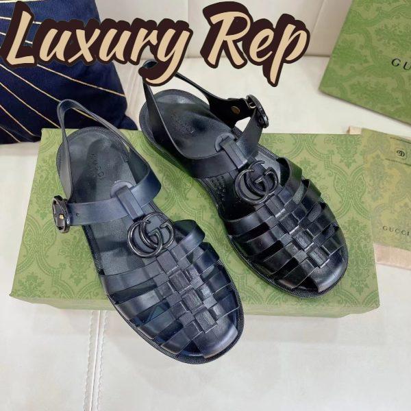 Replica Gucci Unisex GG Sandal Double G Black Rubber Sole Ankle Buckle Flat 5