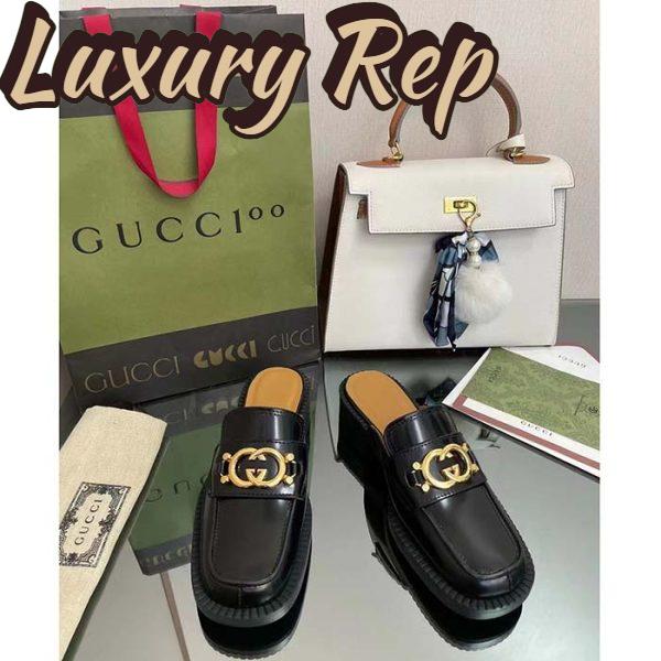 Replica Gucci Unisex GG Slipper Interlocking G Black Leather Low 2.5 Cm Heel 5