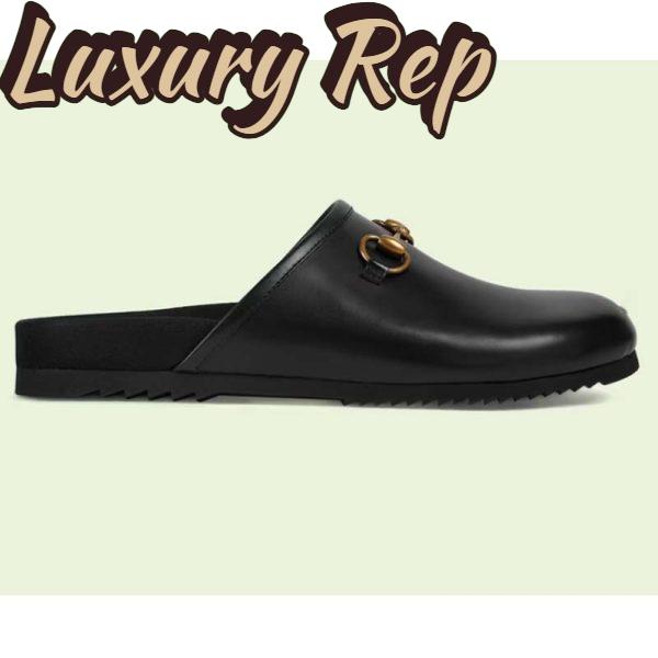 Replica Gucci Unisex Horsebit Slip-On Sandal Black Leather Rubber Sole Flat