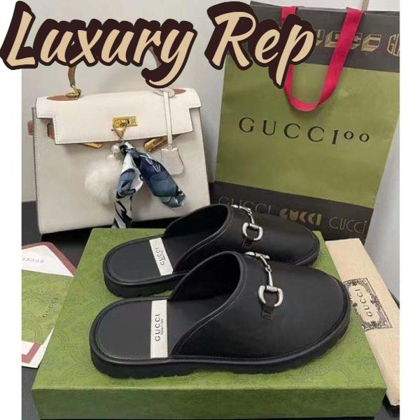 Replica Gucci Unisex Horsebit Slip-On Sandal Black Leather Rubber Sole Flat 3