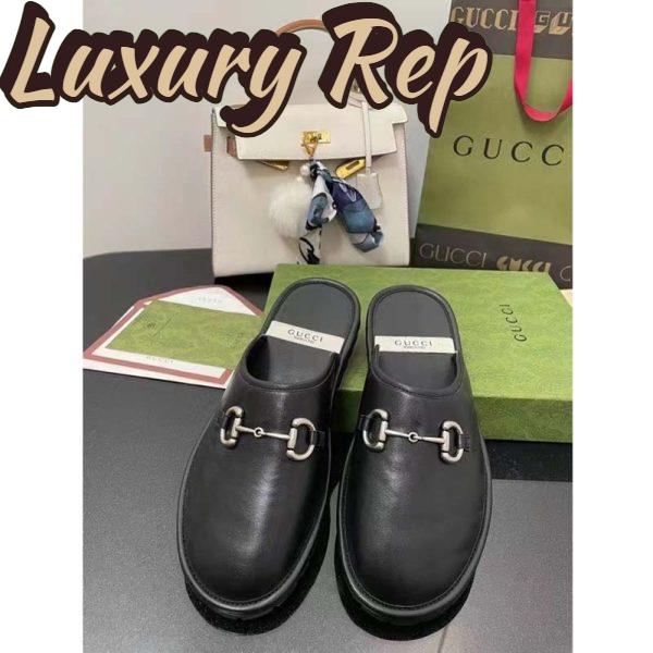 Replica Gucci Unisex Horsebit Slip-On Sandal Black Leather Rubber Sole Flat 4