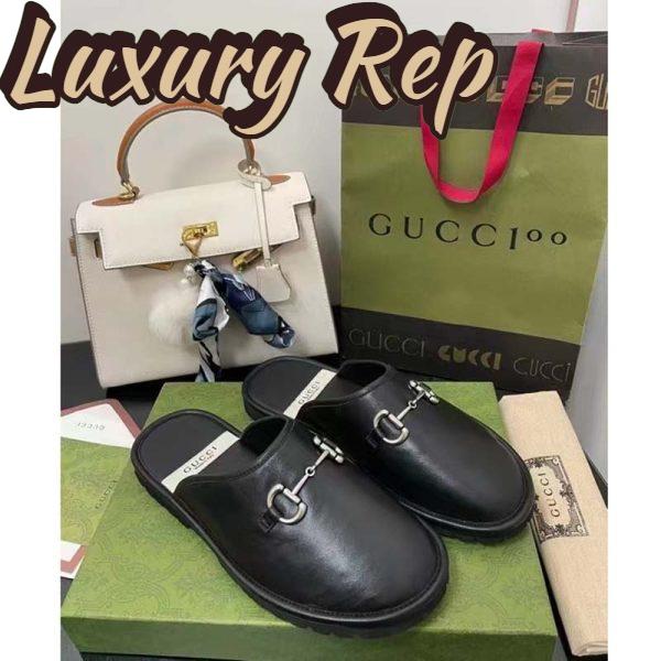 Replica Gucci Unisex Horsebit Slip-On Sandal Black Leather Rubber Sole Flat 5