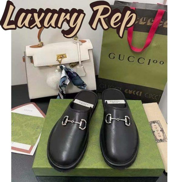 Replica Gucci Unisex Horsebit Slip-On Sandal Black Leather Rubber Sole Flat 6