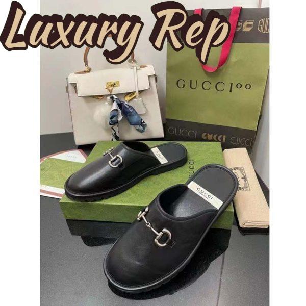 Replica Gucci Unisex Horsebit Slip-On Sandal Black Leather Rubber Sole Flat 7