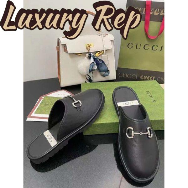 Replica Gucci Unisex Horsebit Slip-On Sandal Black Leather Rubber Sole Flat 8
