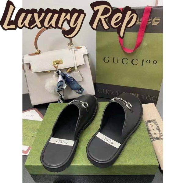 Replica Gucci Unisex Horsebit Slip-On Sandal Black Leather Rubber Sole Flat 9