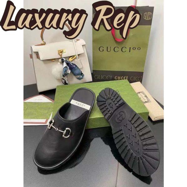 Replica Gucci Unisex Horsebit Slip-On Sandal Black Leather Rubber Sole Flat 10