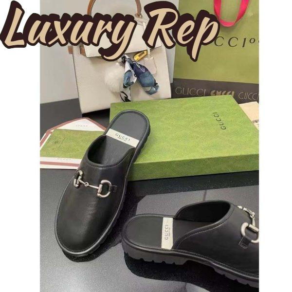 Replica Gucci Unisex Horsebit Slip-On Sandal Black Leather Rubber Sole Flat 11