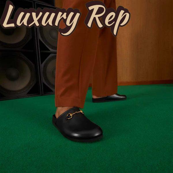 Replica Gucci Unisex Horsebit Slip-On Sandal Black Leather Rubber Sole Flat 12