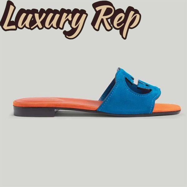 Replica Gucci Unisex Interlocking G Cut-Out Slide Sandal Blue Orange Suede Flat 2
