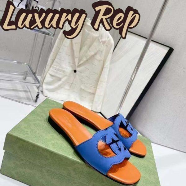 Replica Gucci Unisex Interlocking G Cut-Out Slide Sandal Blue Orange Suede Flat 3