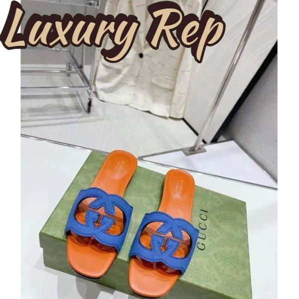 Replica Gucci Unisex Interlocking G Cut-Out Slide Sandal Blue Orange Suede Flat 4