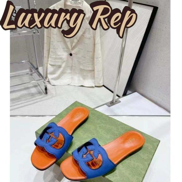Replica Gucci Unisex Interlocking G Cut-Out Slide Sandal Blue Orange Suede Flat 5