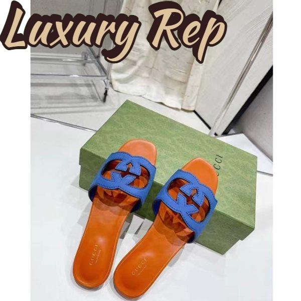 Replica Gucci Unisex Interlocking G Cut-Out Slide Sandal Blue Orange Suede Flat 6
