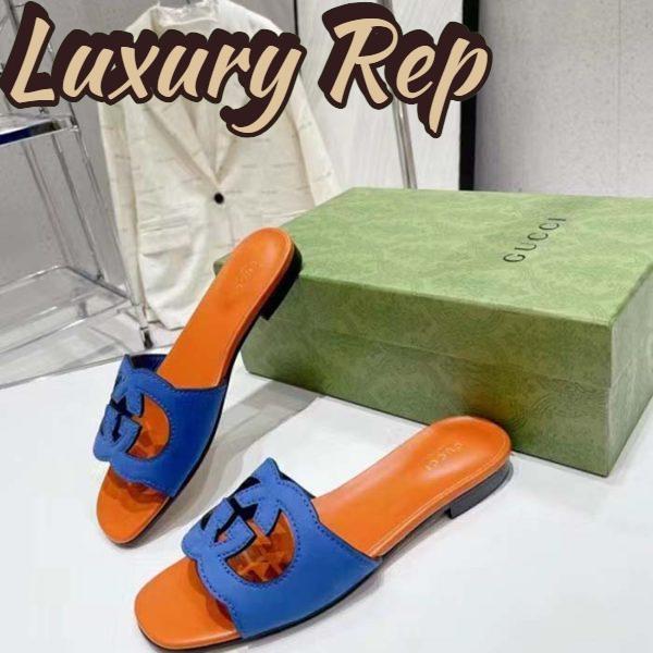 Replica Gucci Unisex Interlocking G Cut-Out Slide Sandal Blue Orange Suede Flat 7