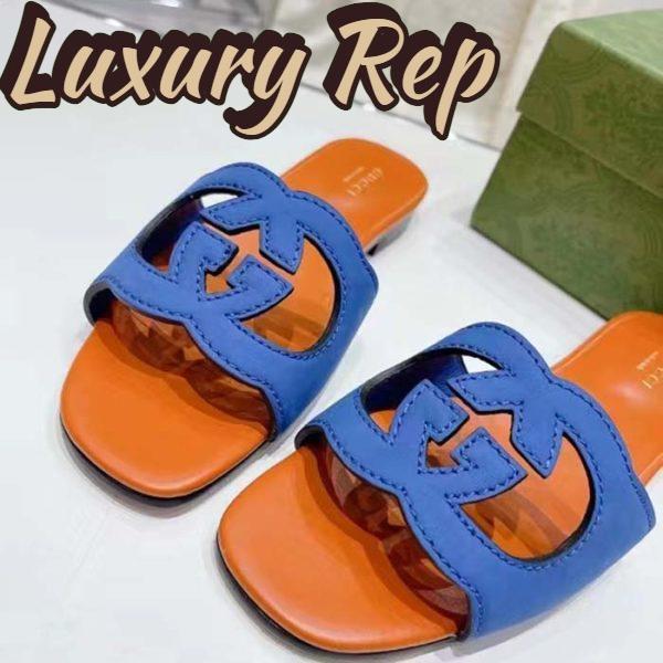 Replica Gucci Unisex Interlocking G Cut-Out Slide Sandal Blue Orange Suede Flat 8