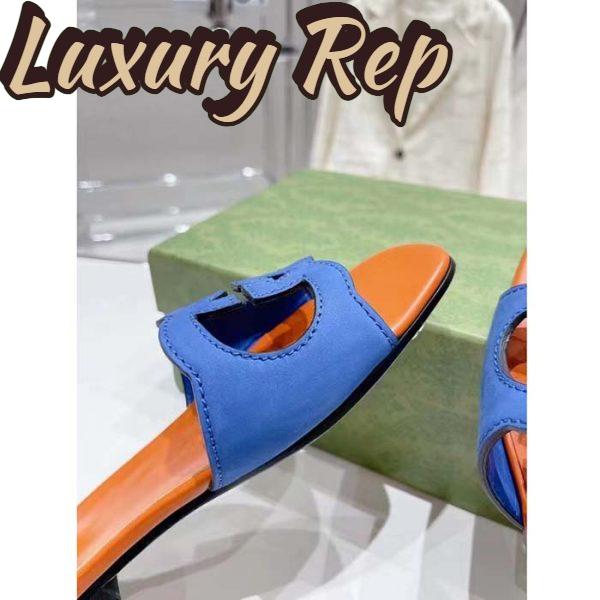 Replica Gucci Unisex Interlocking G Cut-Out Slide Sandal Blue Orange Suede Flat 9