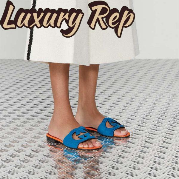 Replica Gucci Unisex Interlocking G Cut-Out Slide Sandal Blue Orange Suede Flat 12