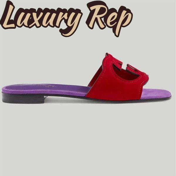 Replica Gucci Unisex Interlocking G Cut-Out Slide Sandal Red Purple Suede Flat 2