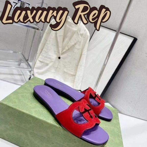 Replica Gucci Unisex Interlocking G Cut-Out Slide Sandal Red Purple Suede Flat 3
