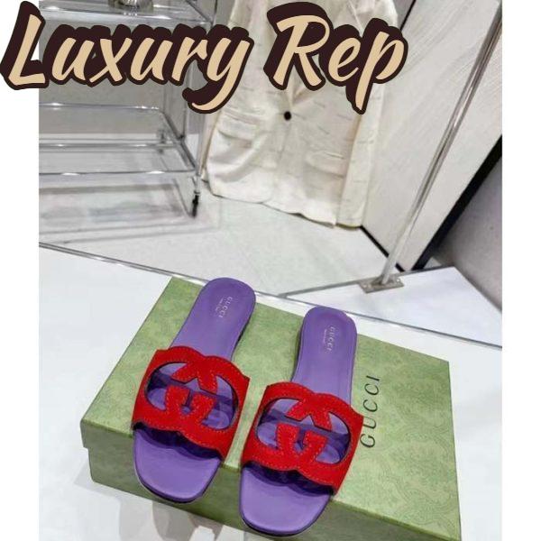 Replica Gucci Unisex Interlocking G Cut-Out Slide Sandal Red Purple Suede Flat 4