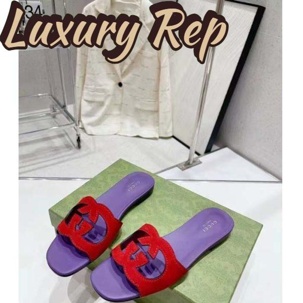 Replica Gucci Unisex Interlocking G Cut-Out Slide Sandal Red Purple Suede Flat 5
