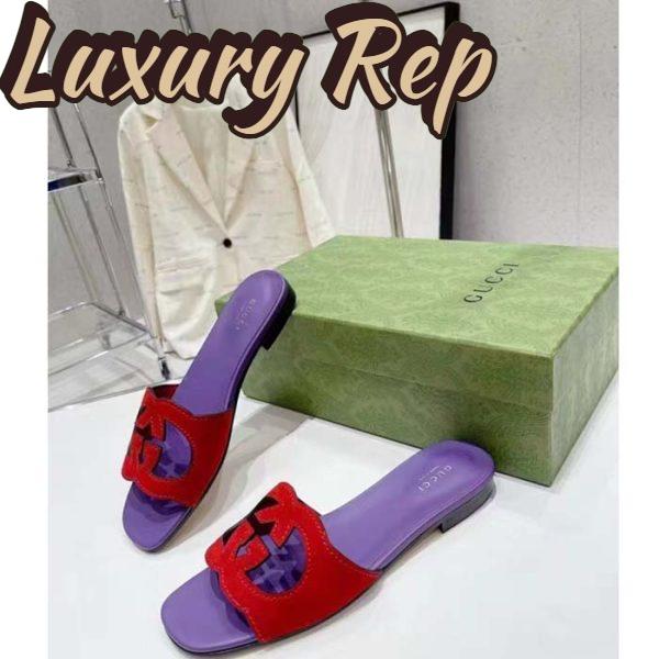 Replica Gucci Unisex Interlocking G Cut-Out Slide Sandal Red Purple Suede Flat 6