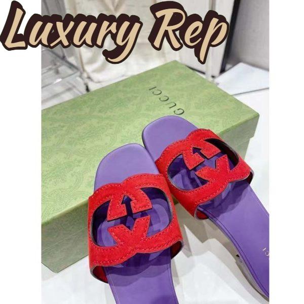 Replica Gucci Unisex Interlocking G Cut-Out Slide Sandal Red Purple Suede Flat 7