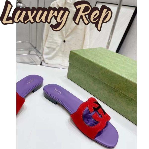 Replica Gucci Unisex Interlocking G Cut-Out Slide Sandal Red Purple Suede Flat 8