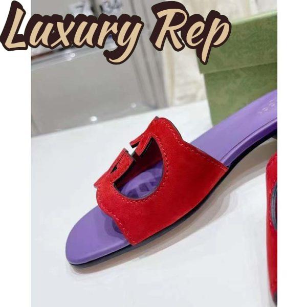 Replica Gucci Unisex Interlocking G Cut-Out Slide Sandal Red Purple Suede Flat 9