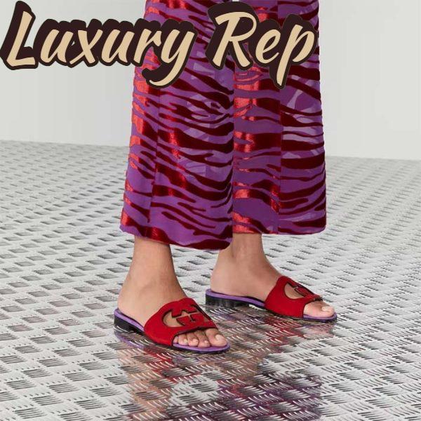 Replica Gucci Unisex Interlocking G Cut-Out Slide Sandal Red Purple Suede Flat 12