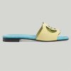 Replica Gucci Unisex Interlocking G Cut-Out Slide Sandals Metallic Gold Leather Flat 2 cm Heel 13