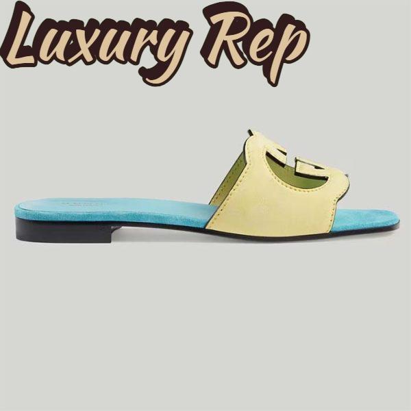 Replica Gucci Unisex Interlocking G Cut-Out Slide Sandal Yellow Light Blue Suede Flat