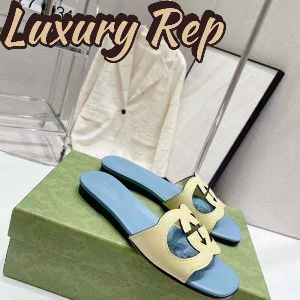 Replica Gucci Unisex Interlocking G Cut-Out Slide Sandal Yellow Light Blue Suede Flat 3
