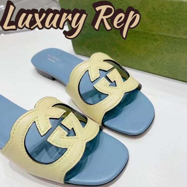Replica Gucci Unisex Interlocking G Cut-Out Slide Sandal Yellow Light Blue Suede Flat 4