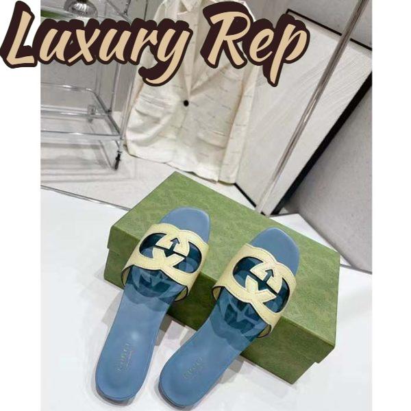 Replica Gucci Unisex Interlocking G Cut-Out Slide Sandal Yellow Light Blue Suede Flat 5