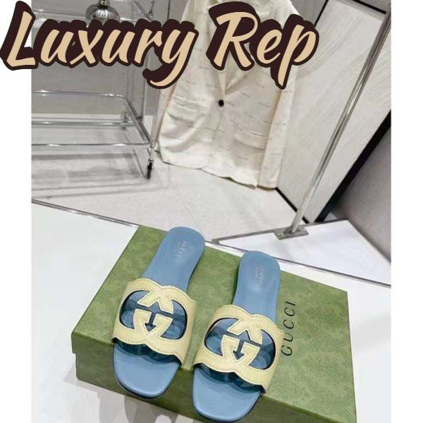 Replica Gucci Unisex Interlocking G Cut-Out Slide Sandal Yellow Light Blue Suede Flat 6