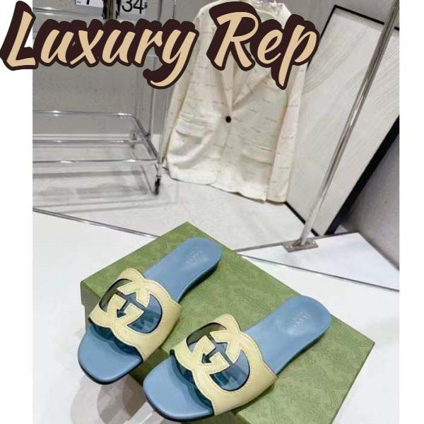 Replica Gucci Unisex Interlocking G Cut-Out Slide Sandal Yellow Light Blue Suede Flat 7