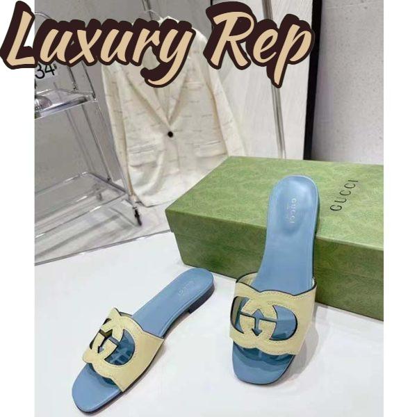 Replica Gucci Unisex Interlocking G Cut-Out Slide Sandal Yellow Light Blue Suede Flat 8