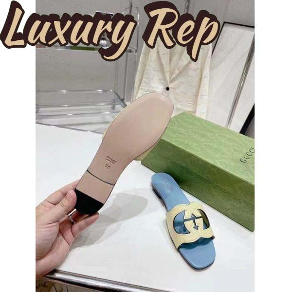 Replica Gucci Unisex Interlocking G Cut-Out Slide Sandal Yellow Light Blue Suede Flat 9