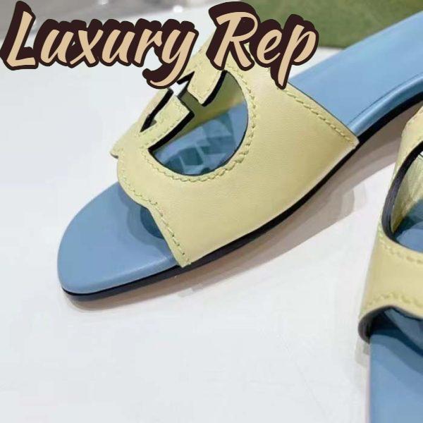Replica Gucci Unisex Interlocking G Cut-Out Slide Sandal Yellow Light Blue Suede Flat 10