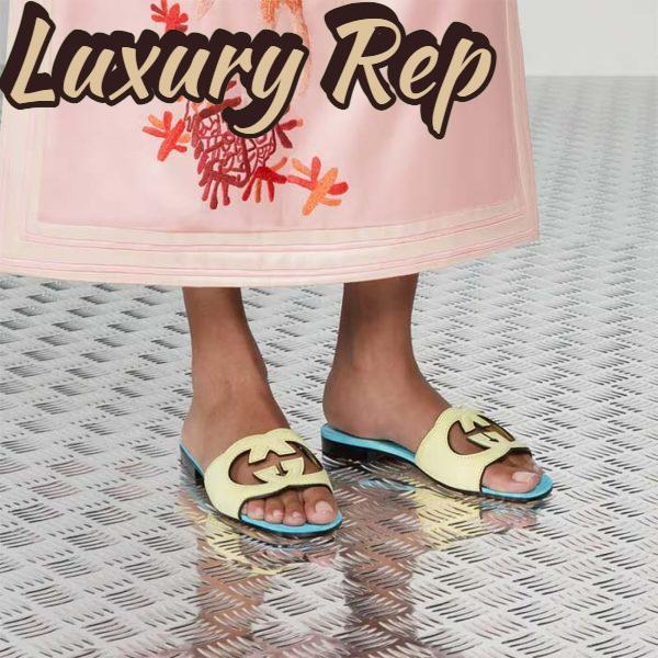 Replica Gucci Unisex Interlocking G Cut-Out Slide Sandal Yellow Light Blue Suede Flat 12