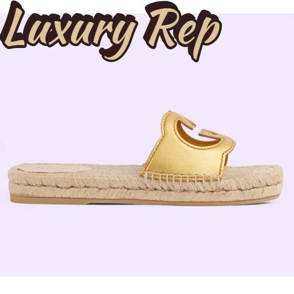 Replica Gucci Unisex Interlocking G Cut-Out Slide Sandals Metallic Gold Leather Flat 2 cm Heel 2